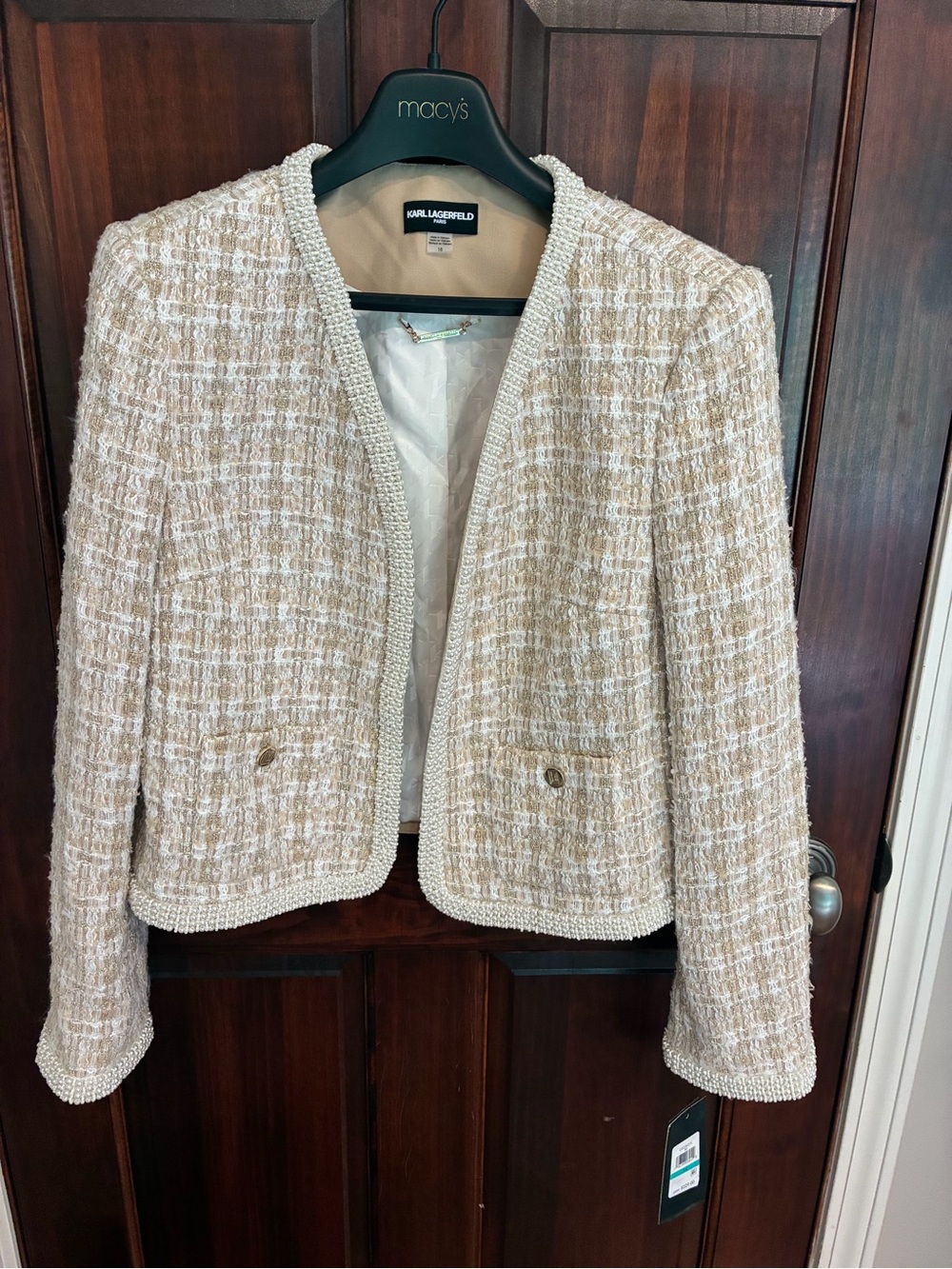 NWT Karl Lagerfeld Beige Cream Tweed Collarless Jacket Beaded. MRSP $229